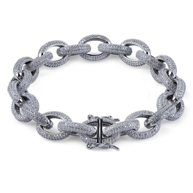 Mens 12mm Iced Large Rolo Link Hip Hop AAA+ Stone Chain Necklace