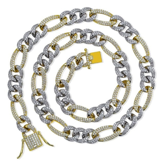 Mens 18k Hip Hop Classic 10mm Flooded Ice Luxury Figaro Link Bling Chain Necklace