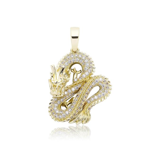Mens Street Wear Ice Sculptured Detailed Dragon Hip Hop Pendant Chain Necklace