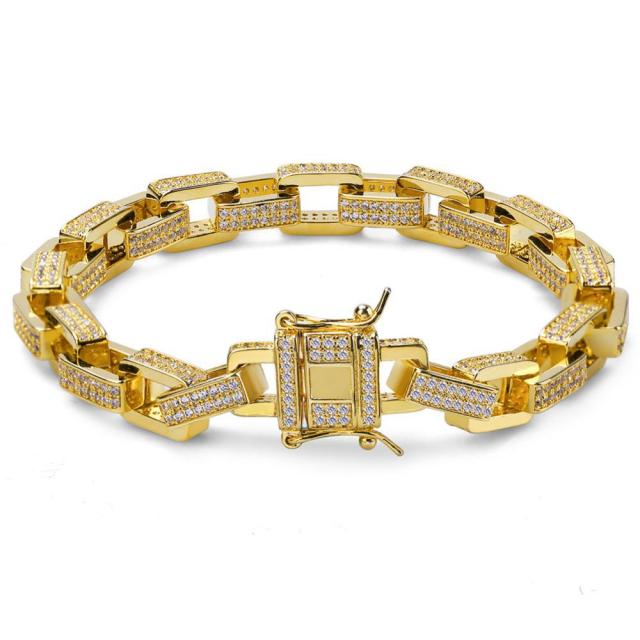 Men's Flooded Ice 18k 925 Big Boy Hip Hop Box Link AAA+ Bling Chain Bracelet