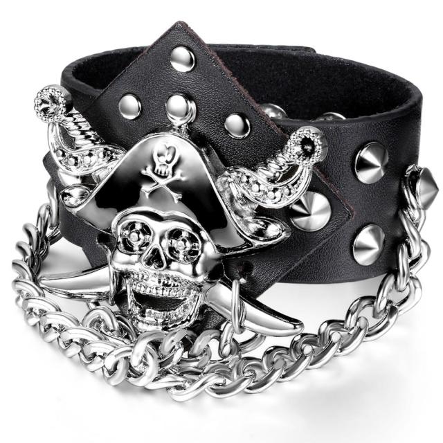 Men's Genuine Leather 14k Gold 925 Silver Rivet Street Rock Pirate Skull Hip Hop Bracelet