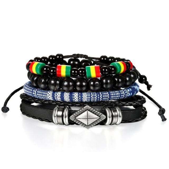 Street Wear Fashion Wooden Beaded Black Brown Leather Bracelets