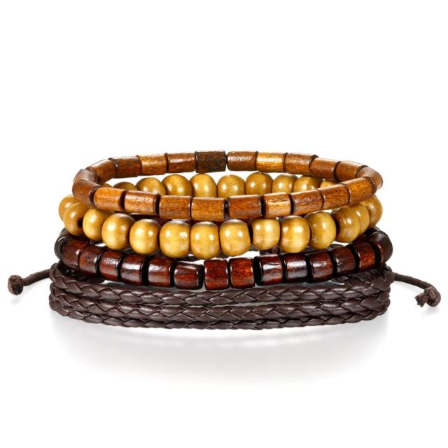 Street Wear Fashion Wooden Beaded Black Brown Leather Bracelets