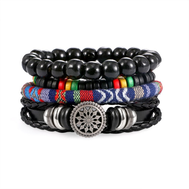 Street Wear Fashion Wooden Beaded Black Brown Leather Bracelets