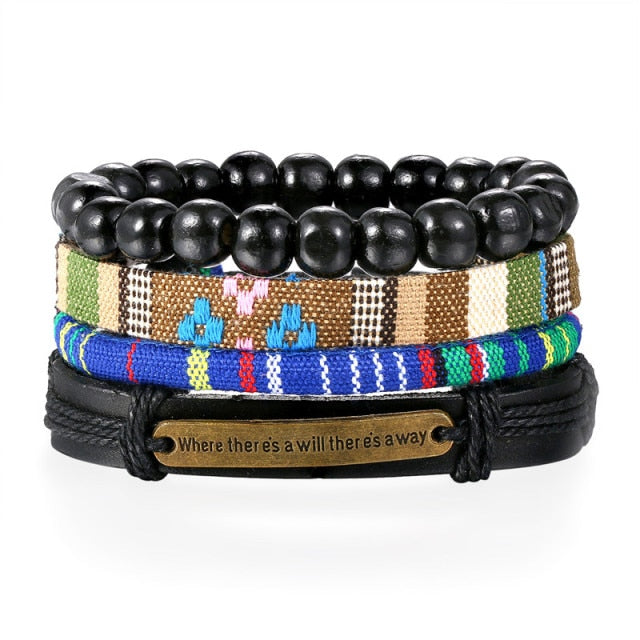 Street Wear Fashion Wooden Beaded Black Brown Leather Bracelets