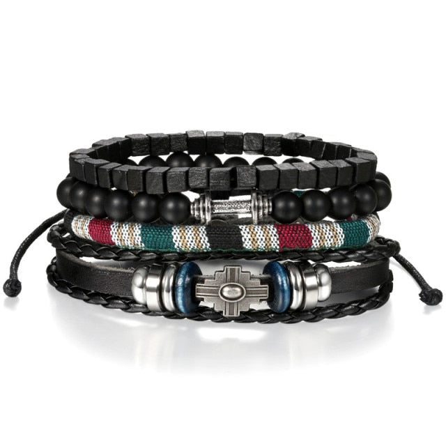 Street Wear Fashion Wooden Beaded Black Brown Leather Bracelets