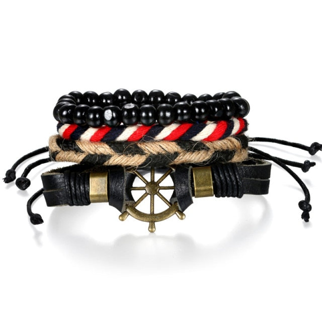 Street Wear Fashion Wooden Beaded Black Brown Leather Bracelets