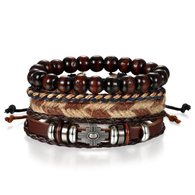 Street Wear Fashion Wooden Beaded Black Brown Leather Bracelets