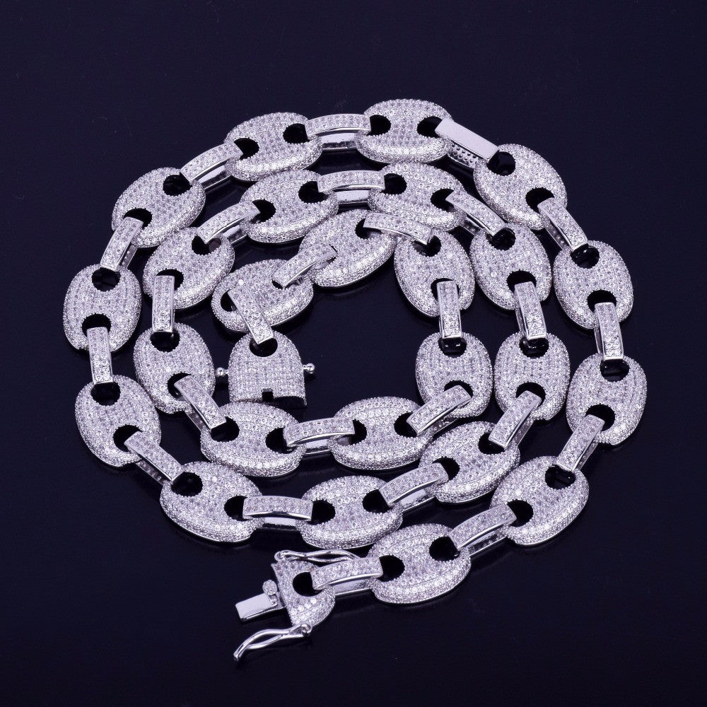 Mens Fooded Ice 12MM 18k Gold Silver Marine G Link Hip Hop Chain Necklace