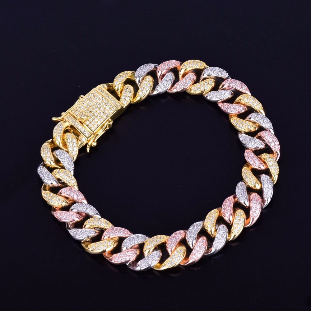 24k Gold Silver Rose Gold 12MM Mixed Color Miami Cuban Link Flooded Ice Chain Bracelet