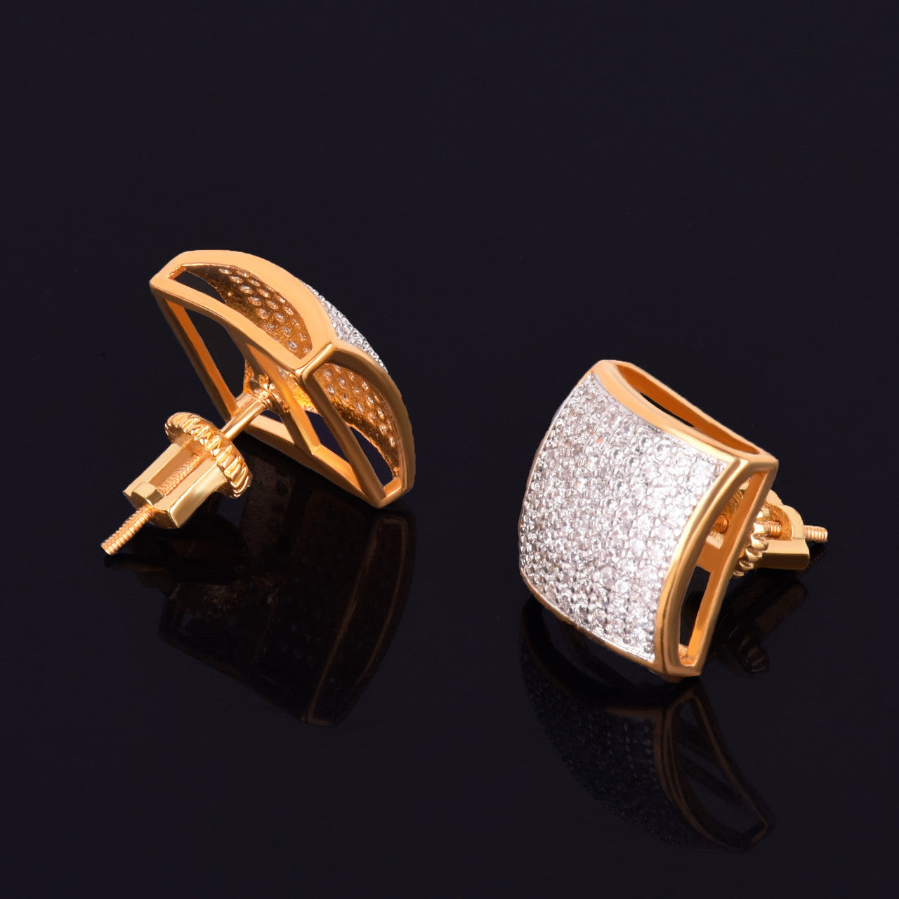 Golden Edge | 12MM Square VVS Diamond CZ 18k Gold Screw Back Big Boy Earrings