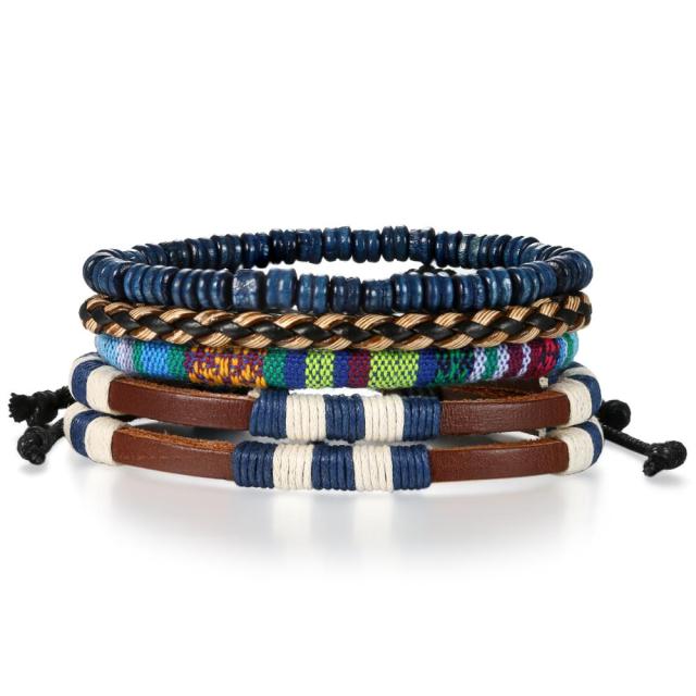 Street Wear Fashion Wooden Beaded Black Brown Leather Bracelets