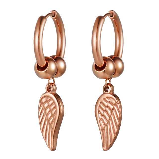 14k Rose Gold Rainbow Color Angel Wings Huggie Style Hoop Stainless Steel High Fashion Earrings