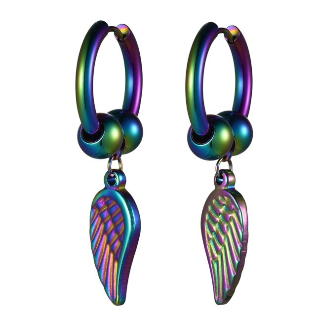 14k Rose Gold Rainbow Color Angel Wings Huggie Style Hoop Stainless Steel High Fashion Earrings