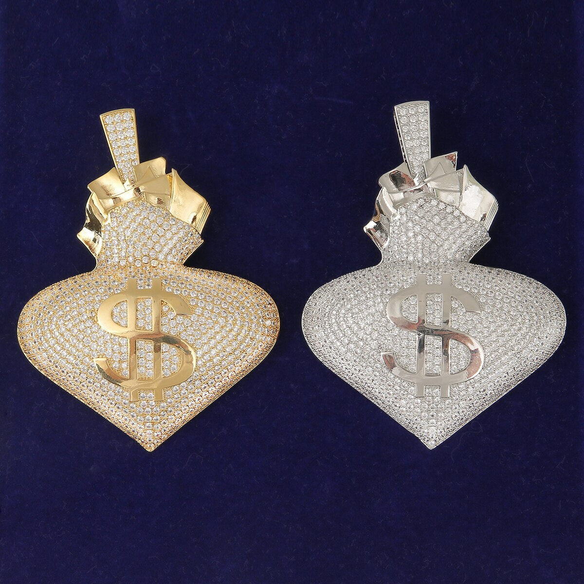 18k White Yellow Gold Large Money On My Heart Bag Hip Hop Street Wear Pendant