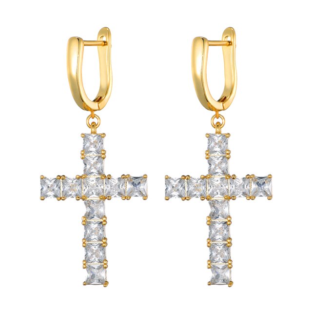 Hip Hop Micro Paved Designer Huggie Cross Flooded Ice Bling Earrings