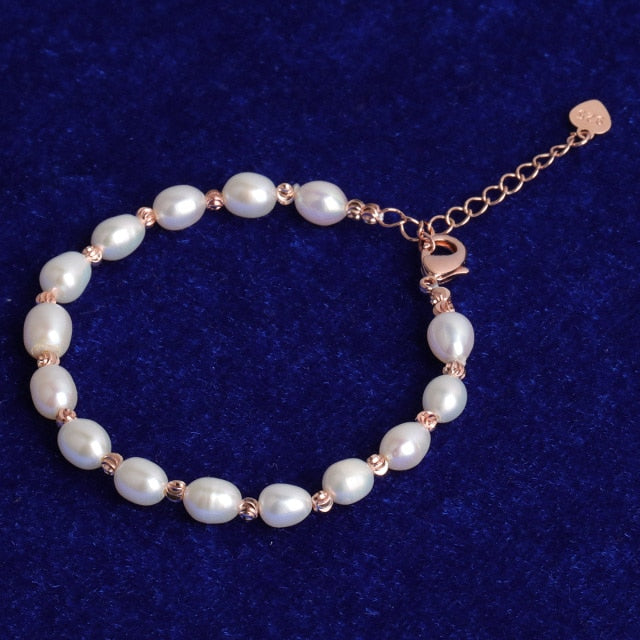 Ladies Casual High Fashion 925 Sterling Silver Rose Yellow Gold Pearl Bracelet