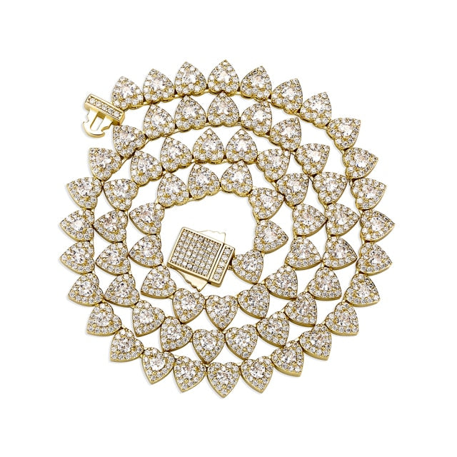 Ladies Bling Center Stone 14k Gold 925 Silver 7mm Heart Link Tennis Chain Necklace