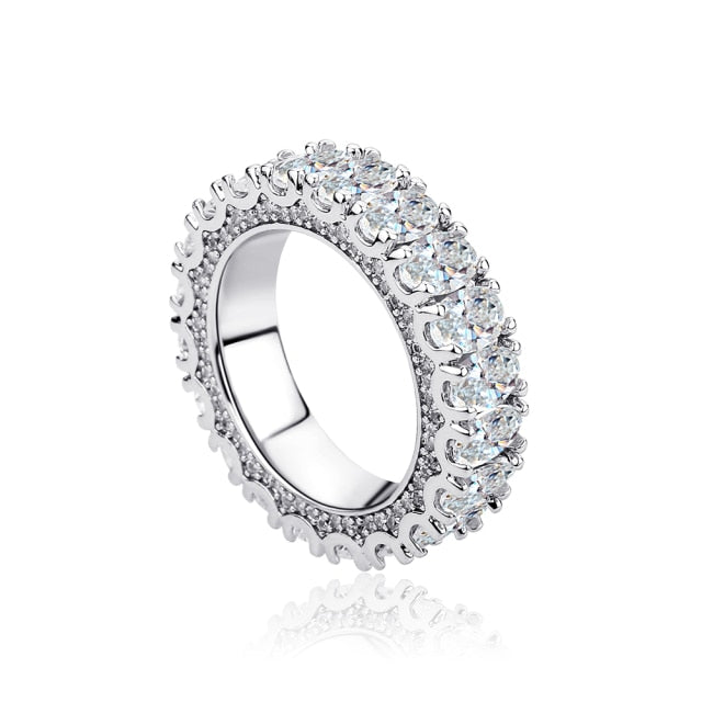 New 5A Simulate Diamond Flooded Ice Prong Set Oval Stone Bling Street Wear Rings