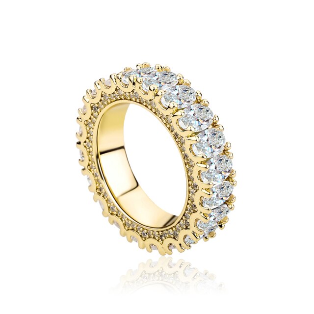 New 5A Simulate Diamond Flooded Ice Prong Set Oval Stone Bling Street Wear Rings