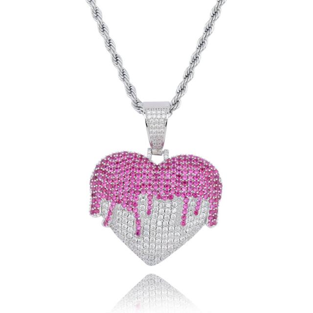 Love Overflow Flooded Ice Hip Hop Heart Bling Pendant Chain Necklace