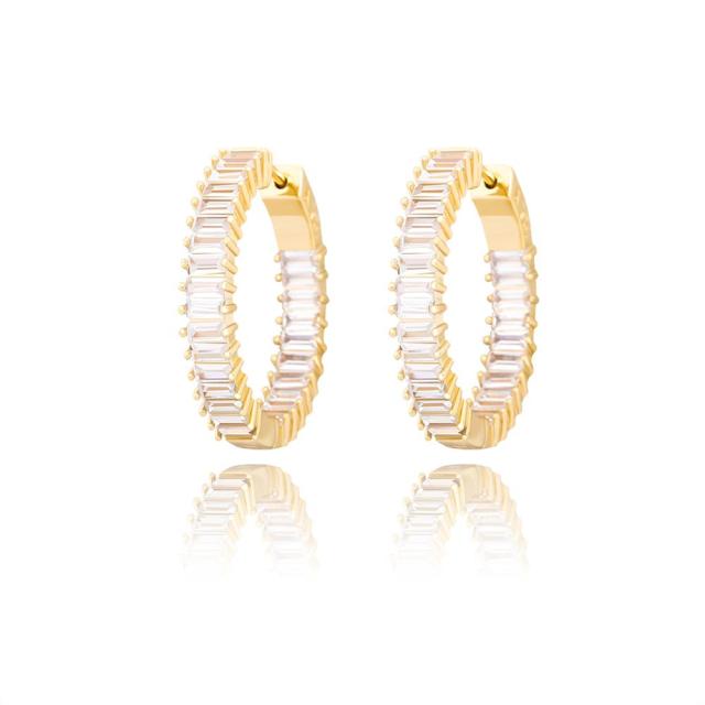 Street Wear Fashion Iced Baguette Yellow White Rose Gold Hoop Earrings