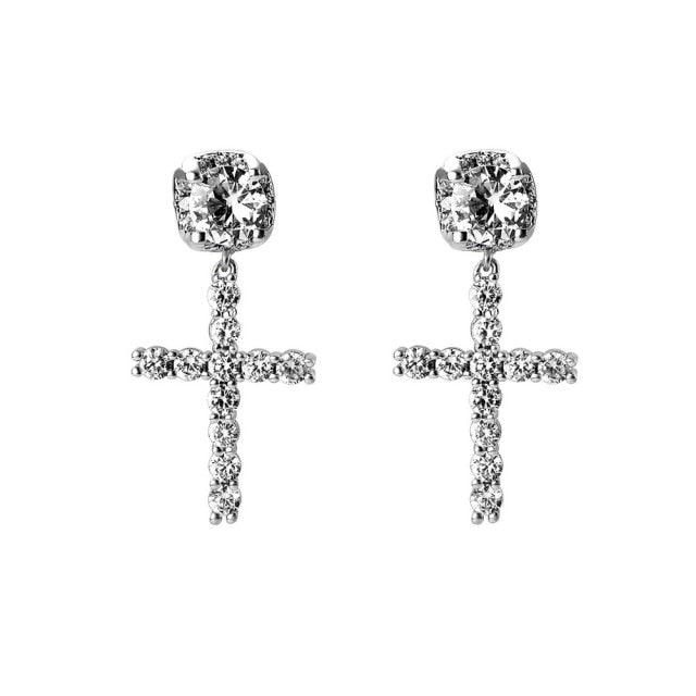Ladies High Quality Ladies 14k White Yellow Gold Center Stone Bling Cross Drop Earrings