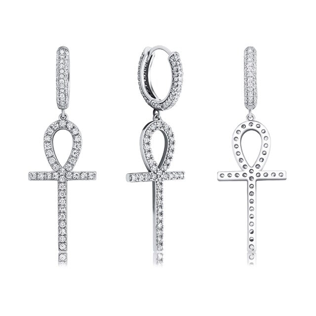 925 Sterling Silver over 14k Gold Original Ankh Cross Huggie Style Bling Earrings