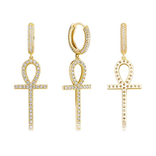 925 Sterling Silver over 14k Gold Original Ankh Cross Huggie Style Bling Earrings