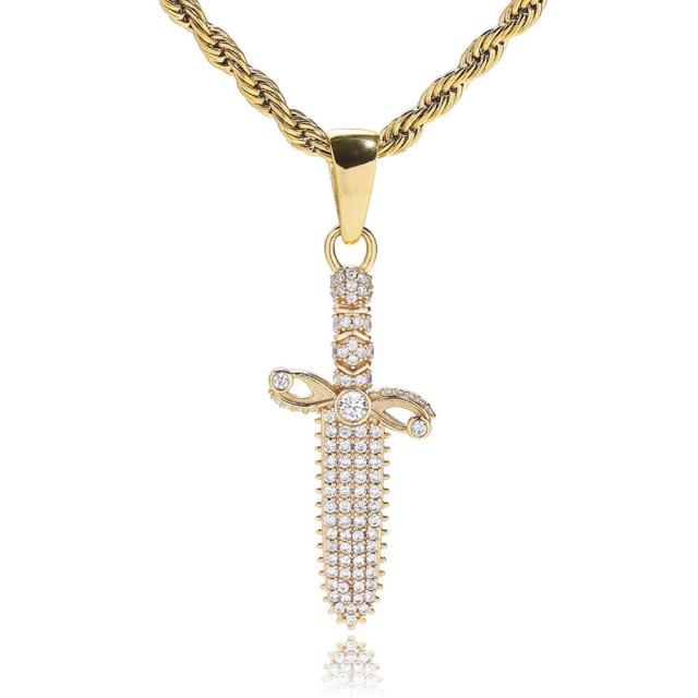 Solid .925 Sterling Silver Ancient Dagger Cross Bling Pendant Chain Necklace