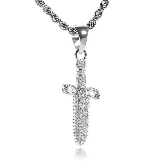 Solid .925 Sterling Silver Ancient Dagger Cross Bling Pendant Chain Necklace