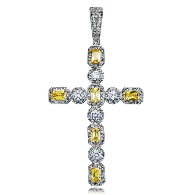 5A Solitaire Canary Stone Flooded Ice Cross Hip Hop Pendant Chain Necklace