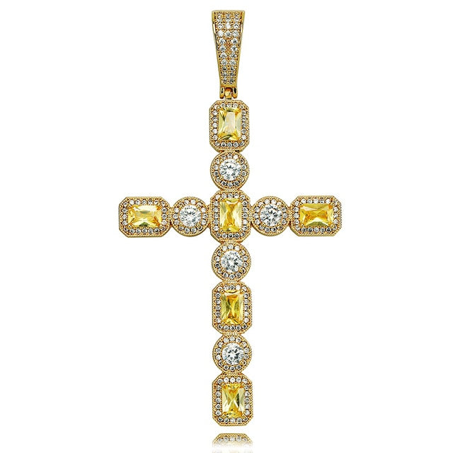 5A Solitaire Canary Stone Flooded Ice Cross Hip Hop Pendant Chain Necklace