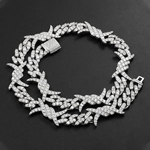 Mens Hip Hop Four Prong Cluster Stone Barbed Wire Blinged Ice Bracelet Chain Necklace Set