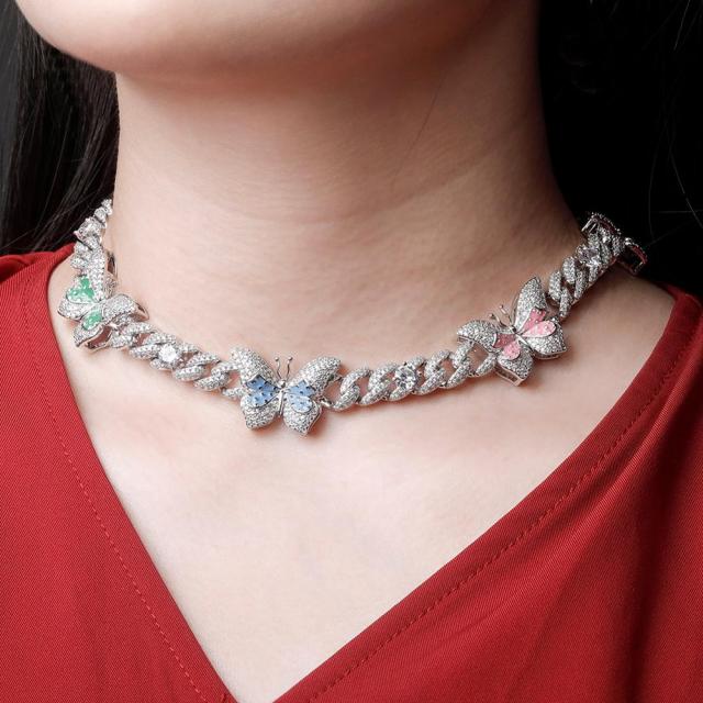 Ladies Double Color Choker Style Butterfly Cuban Link Chain Necklace