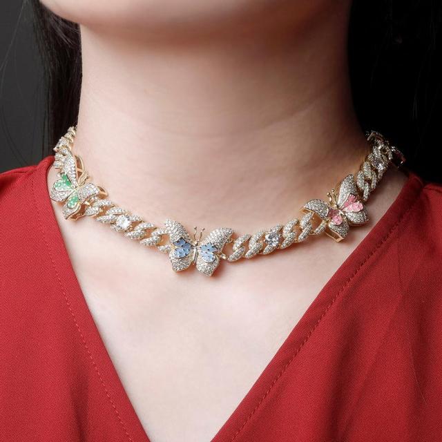 Ladies Double Color Choker Style Butterfly Cuban Link Chain Necklace