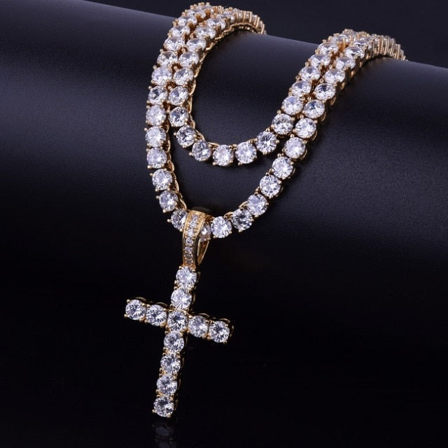 3mm Tennis Chain Flooded Ice 5A Stone Cross Pendant Chain Necklace