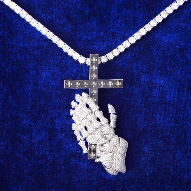 The Faithful | VVS Diamnd CZ Prayer Hands Holding Cross Iced Blinged Out Pendant
