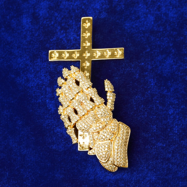 The Faithful | VVS Diamnd CZ Prayer Hands Holding Cross Iced Blinged Out Pendant