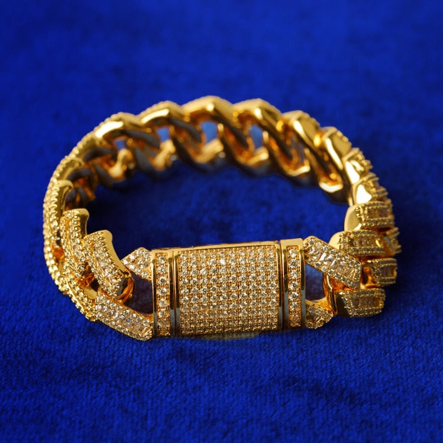 Mens Total Iced Spring Clasp Close Cut Miami Cuban Link Blinged Out Bracelet