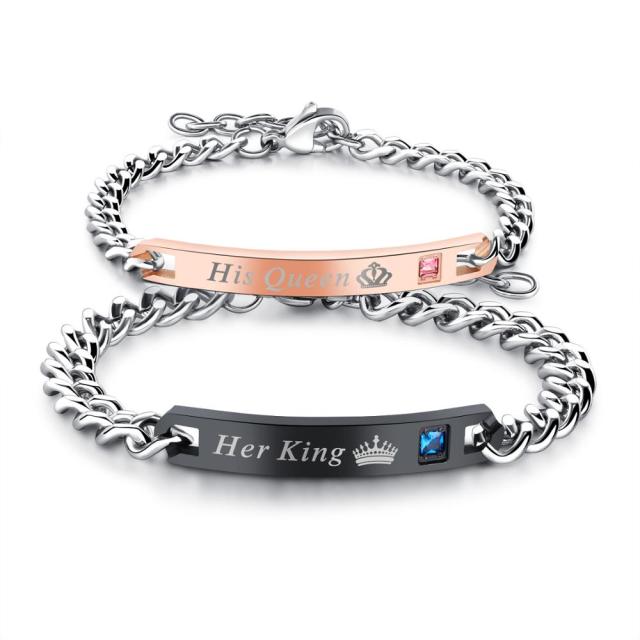 Lovers Couples His Queen Her King Stainless Steel CZ Crown Adjustable Bracelet Pendant Necklace
