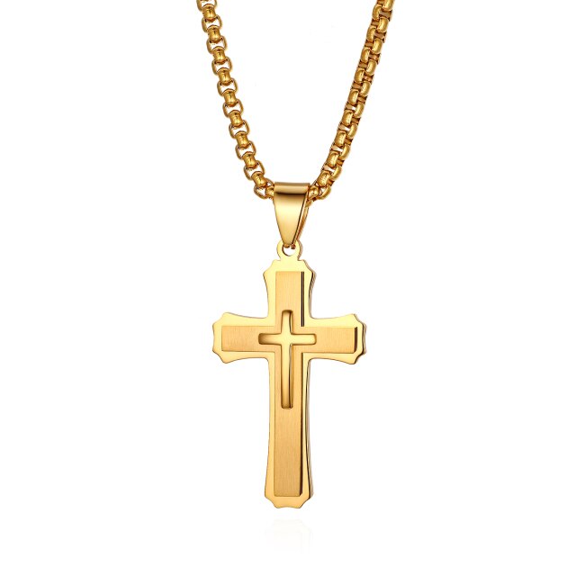 Mens Unique Gold Silver Black over Stainless Steel Crucifix Cross Bling Pendant Chain Necklace