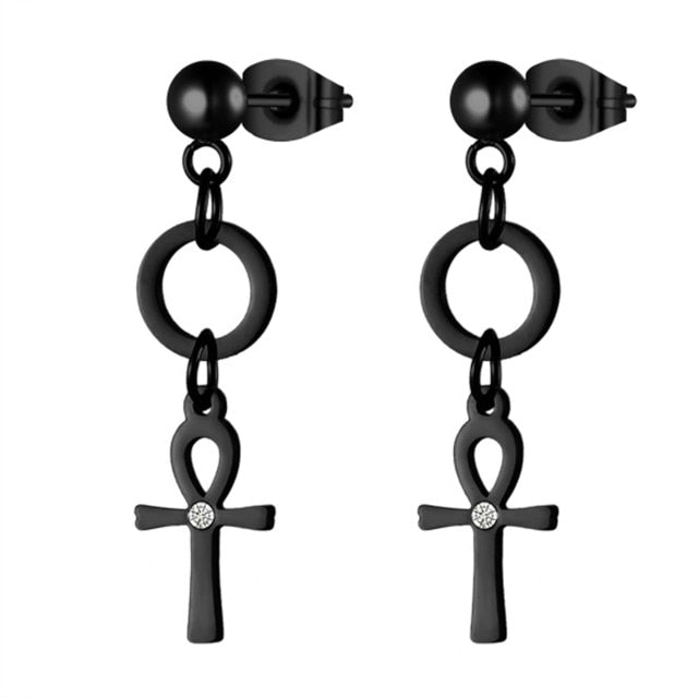 Dangle Ankh Cross Ancient African Black Silver 14k Gold over Stainless Steel Unisex Earrings