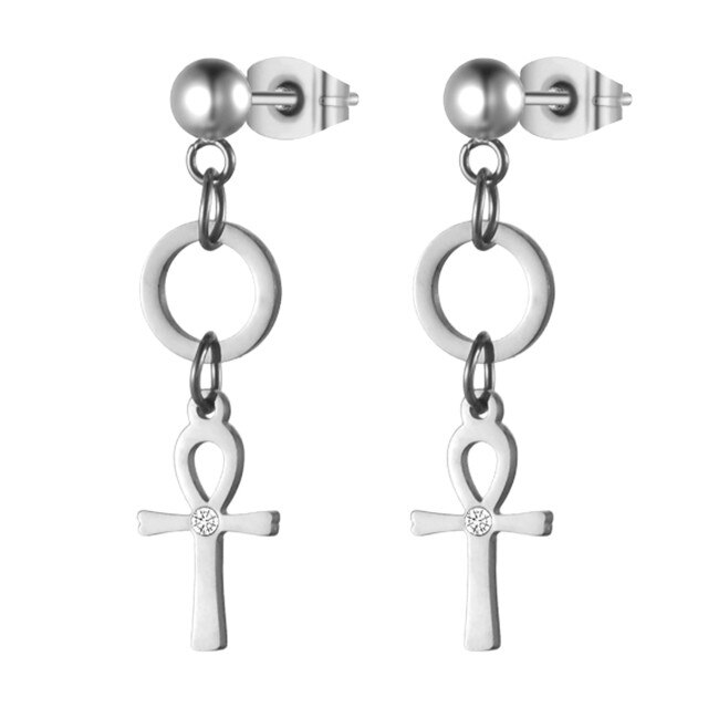 Dangle Ankh Cross Ancient African Black Silver 14k Gold over Stainless Steel Unisex Earrings