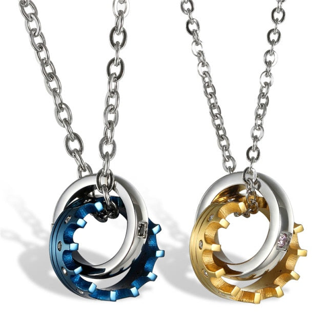 King Queen Couples Lovers Bling Stainless Steel Crown Ring Chain Necklace