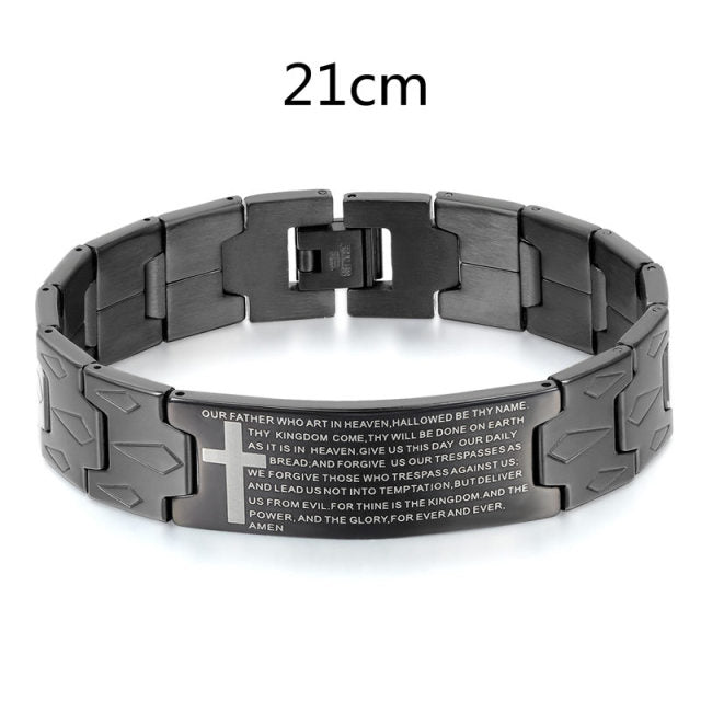 Polished Black Stainless Steel Mens Lords Prayer High Fashion Bracelets