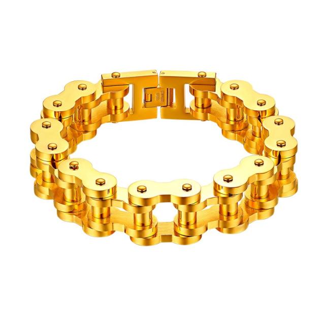 Mens 18mm 14k Gold Black Silver Heavy Wide Stainless Steel Biker Bicycle Motorcycle Chain Bracelet