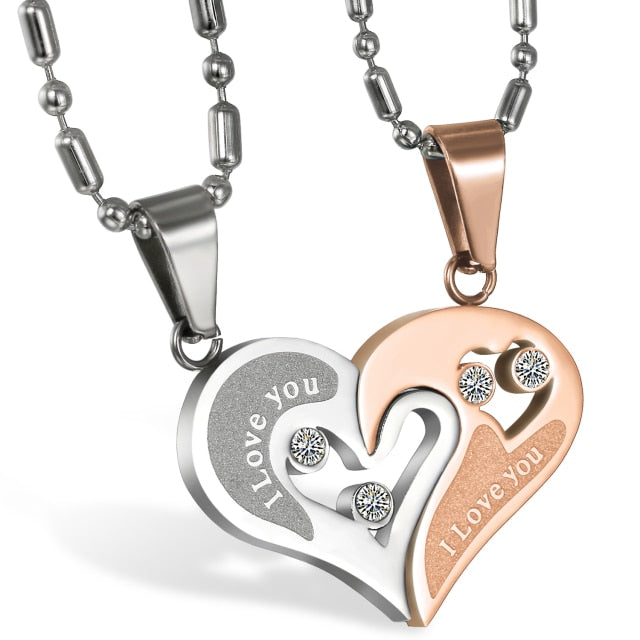 2 Piece Matching Couples Lovers No Tarnish Stainless Steel I Love You Heart Chain Necklace