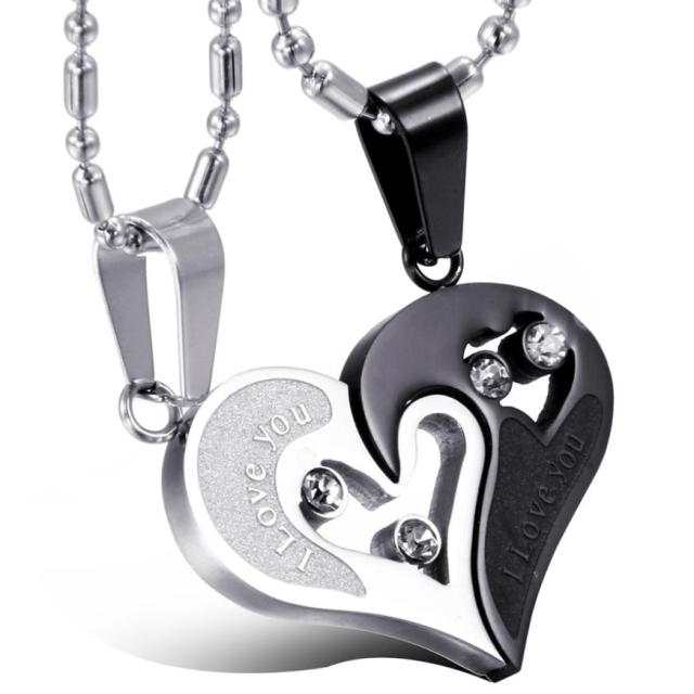 2 Piece Matching Couples Lovers No Tarnish Stainless Steel I Love You Heart Chain Necklace