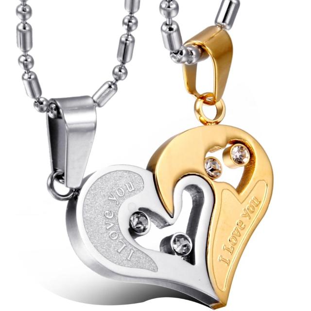 2 Piece Matching Couples Lovers No Tarnish Stainless Steel I Love You Heart Chain Necklace